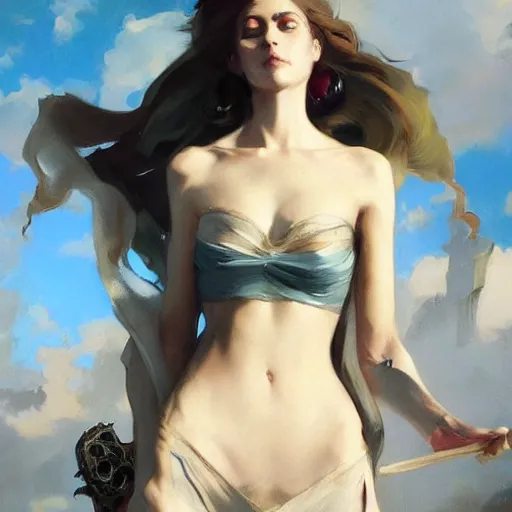 Prompt: mage, vogue, elle, witch, greg rutkowski, john singer sargent, anime, trending on artstation, oil painting, intricate, crop top