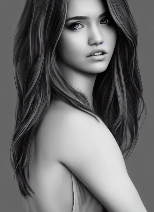 Image similar to full body portrait of a beautiful young woman in black and white, photorealistic, hair down to waist, sharp focus, in the style of Kevin Kostic, Stephen Lau and artgerm, hyper sharp focus, 8k highly detailed