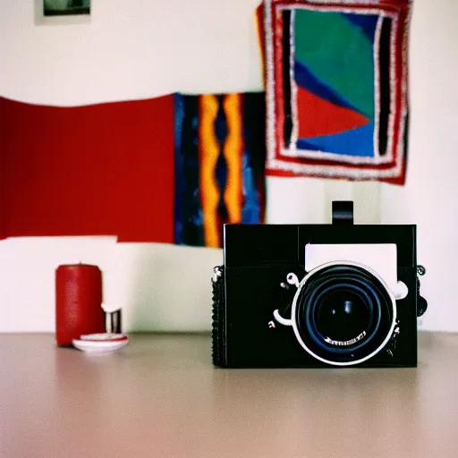 Image similar to a bright color photography of a completely black ethnographic object in a white room, leica m 6