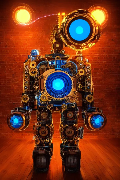 Image similar to portrait photo of a giant huge golden and blue metal humanoid steampunk robot, the head is a huge camera, with gears and tubes, eyes are glowing red lightbulbs, shiny crisp finish, 3 d render, 8 k, insaneley detailed, fluorescent colors, background is multicolored lasershow