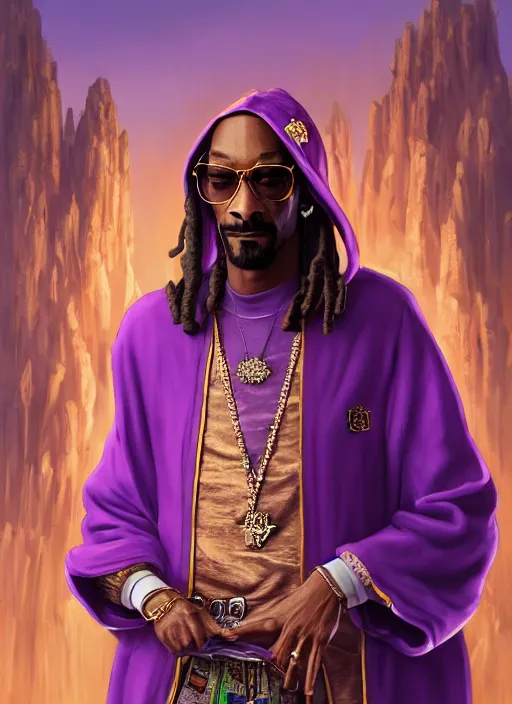 Image similar to snoop dogg as a mage, short beard, grumpy, intricate purple robes, Ivan Aivakovsky, Boris Vallejo, epic fantasy character art, D&D Concept Art, full length, ultra Realistic, Regal, Refined, Detailed Digital Art, Exquisite detail, post-processing, masterpiece, Cinematic Lighting, Unreal Engine, 8k, HD,