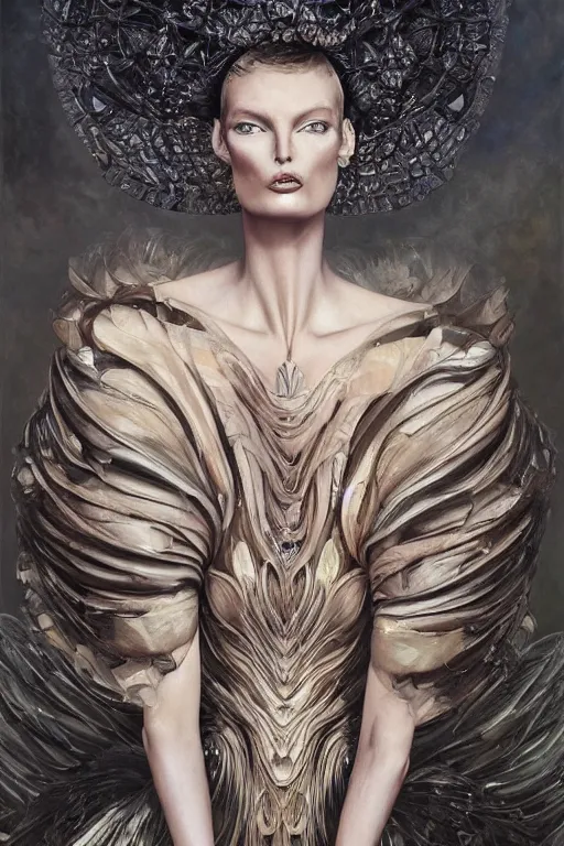 Prompt: an intricate realistic oil painting of a fashion model resembling linda evangelista, wearing avant garde fashion, clothing by alexander mcqueen, clothing by iris van herpen, full body, runway, by tom bagshaw, by karol bak
