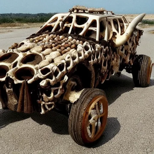 Image similar to mad Max car made out of bones horns and shells