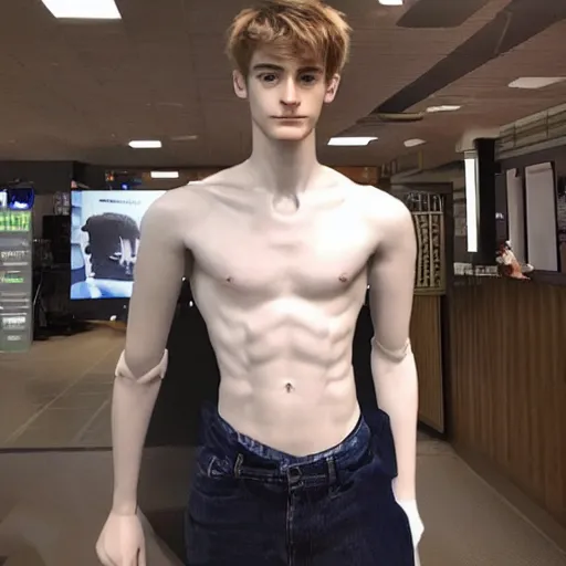 Image similar to “a realistic detailed photo of a guy who is an attractive humanoid who is half robot and half humanoid, who is a male android, twitch streamer Ninja Tyler Blevins, shiny skin, posing like a statue, blank stare”