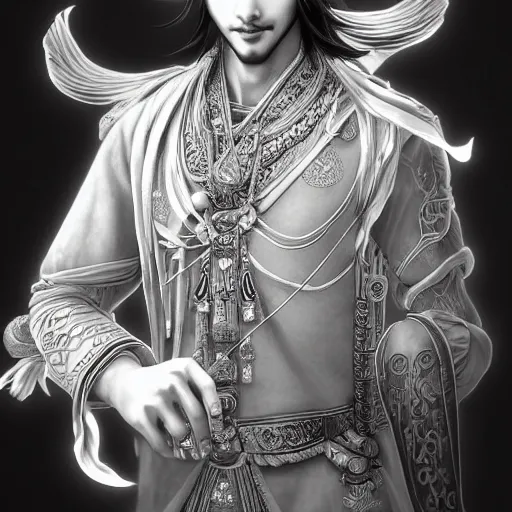 Image similar to an indian immortal xianxia cultivator with long black hair as an absurdly handsome, elegant, young anime man, ultrafine hyperrealistic detailed face illustration by kim jung gi, irakli nadar, intricate linework, sharp focus, bright colors, matte, gujian, final fantasy, unreal engine highly rendered, global illumination, radiant light, intricate environment