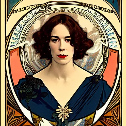 Image similar to sara paulson portrait by louis - theophile hingre and alphonse mucha, realistic, sharp focus, zodiac signs, tarot cards, planets, ethereal, art nouveau, magic, moon, sun, crown, dreamy, royal, jewellery