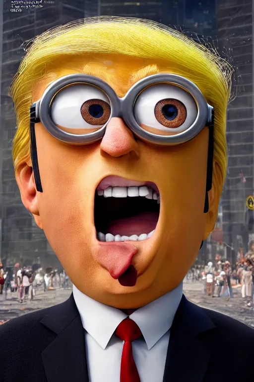 Prompt: trump as a minion, blond hair, riot background oil on canvas, intricate, portrait, 8 k highly professionally detailed, hdr, cgsociety