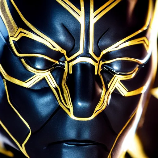 Image similar to a close up photo of a detailed golden statue of Black Panther, 8K,