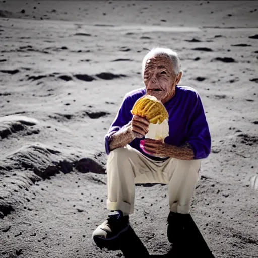 Prompt: an elderly man on the surface of the moon, 🌕, 🍦, eating ice cream, tourist, canon eos r 3, f / 1. 4, iso 2 0 0, 1 / 1 6 0 s, 8 k, raw, unedited, symmetrical balance, wide angle