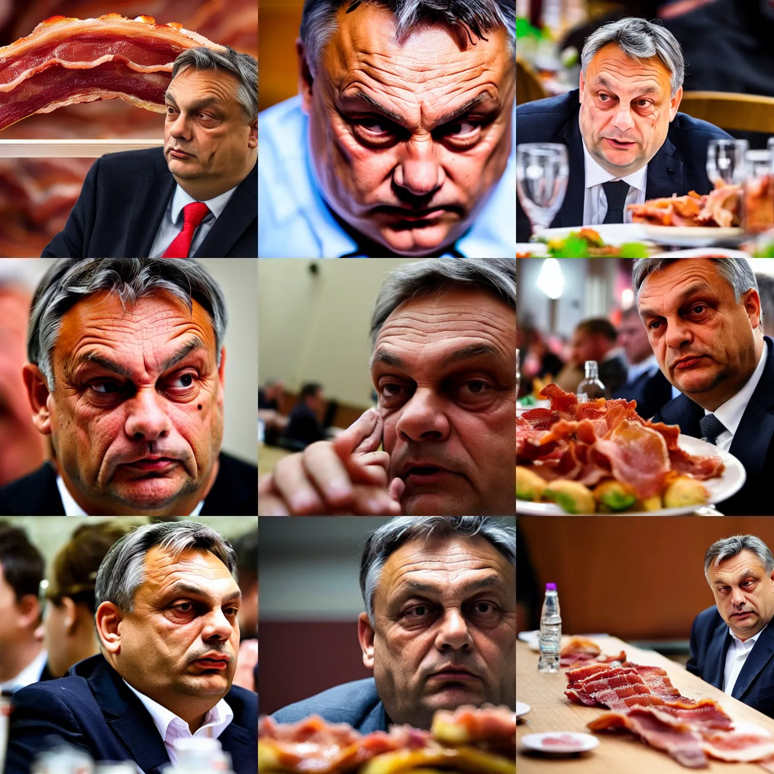 Prompt: close - up of haunting viktor orban sitting behind a table full of bacon