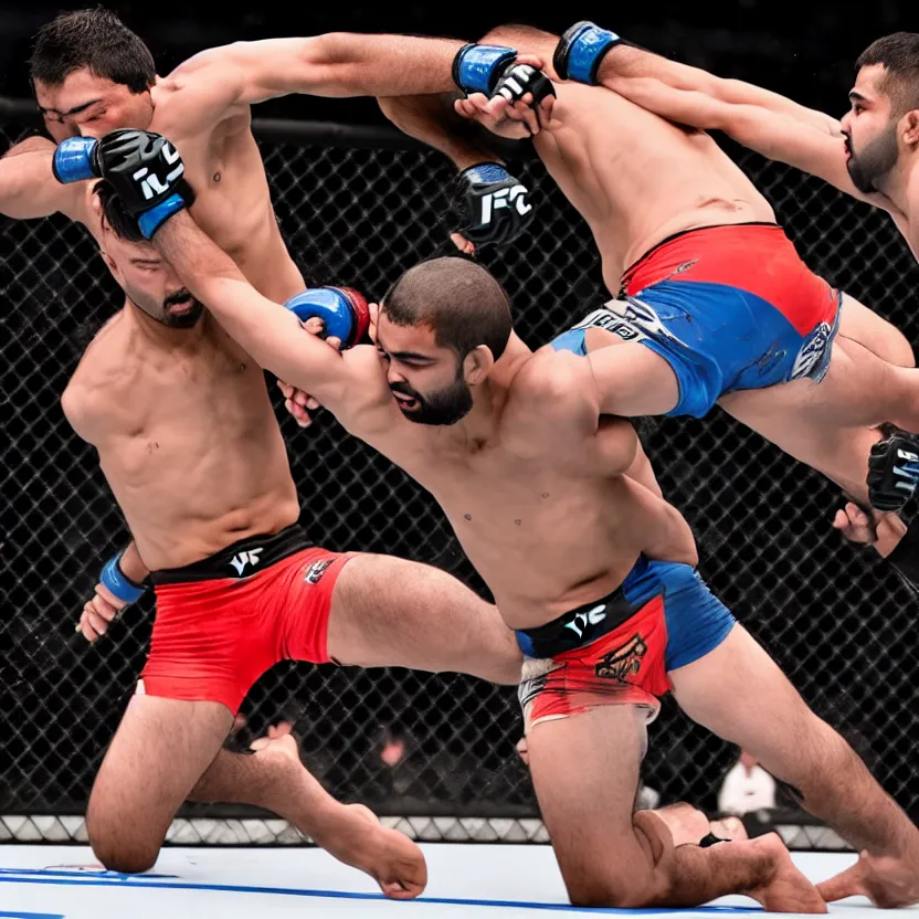 Prompt: ufc fight between rohit sharma & virat hohli in octagon, ultra realistic, highly detailed, canon 3 5 mm photography