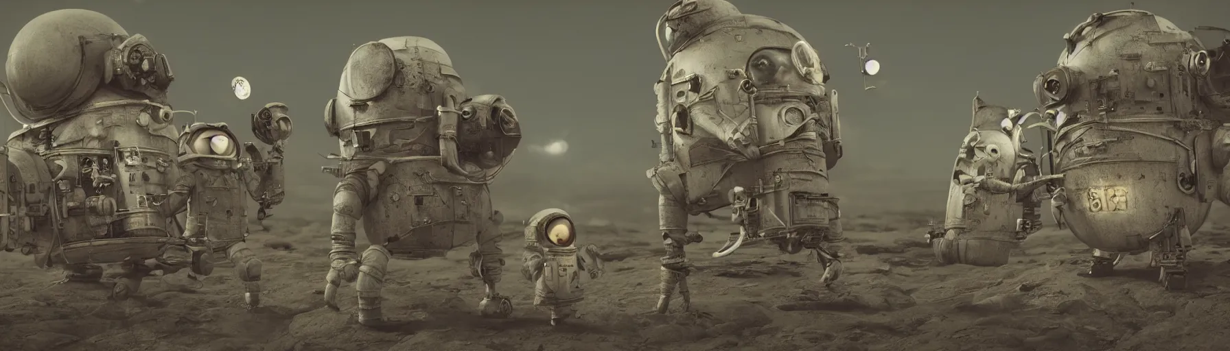Image similar to Alexander Jansson Style, vintage astronaut in T pose, CGI, Many Details, Ultra Detailed, Octane Render, Real Engine 5 Cinematic, Realistic, Intricate Detail, Finely Detailed, Small Details, Extra Detail More details, tiny details, high resolution, 3D, PBR, path tracing, volumetric lighting, octane render, Arnold Render, 8k