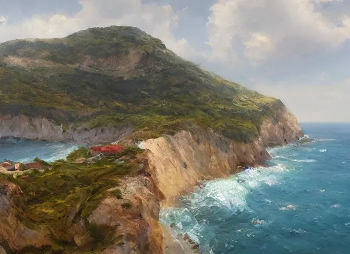 Prompt: villane base, coastal perched on a cliff overlooking a magnificient bay, concept art oil painting by Jama Jurabaev, extremely detailed, brush hard, artstation