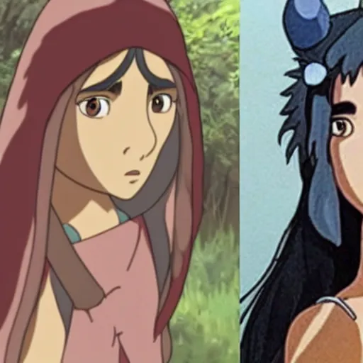 Image similar to side by side comparison : animated princess mononoke by studio ghibli, vs. live action princess mononoke starring megan fox