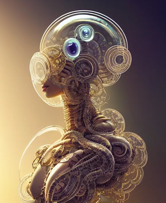 Image similar to intricate ornate opulent transparent clear see - through portrait of a robot beautiful alien nautilus, mottled coloring, adorable, childlike, pastoral environment, ultra realistic, concept art, art nouveau, photorealistic, octane render, 8 k, unreal engine. art by christopher marley and artgerm and greg rutkowski and alphonse mucha