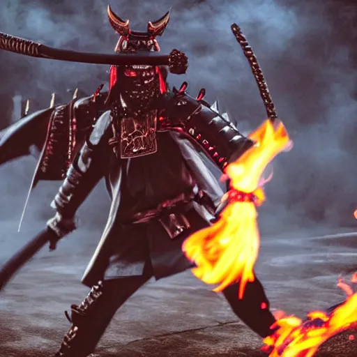 Image similar to a demon samurai wielding a chain whip on fire