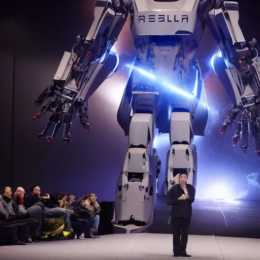 Image similar to Elon Musk presenting a giant mecha robot to an audience, Tesla Presentation, Professional photography, 8K