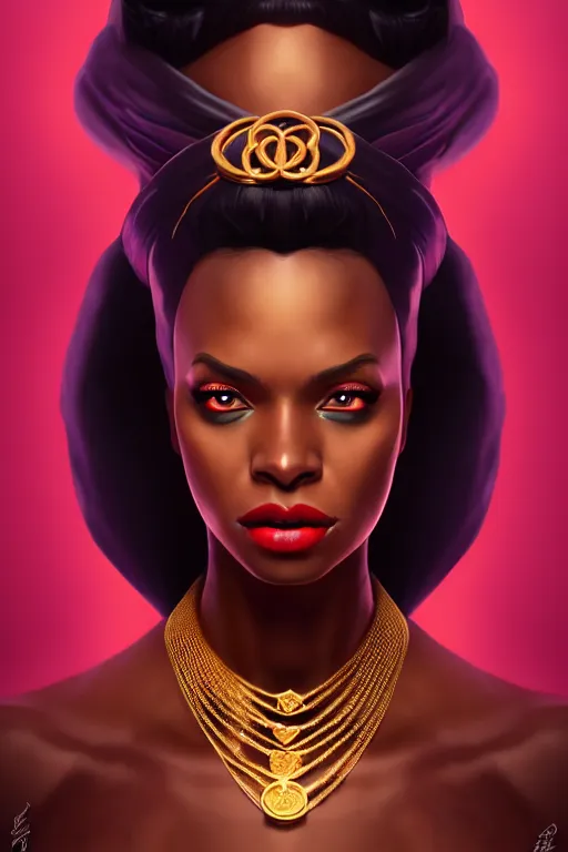 Image similar to portrait of black super woman, velvet gown, highly detailed and rendered gold jewelry, digital art, intricate, sharp focus, trending on artstation, hq, unreal engine 5, 4 k uhd image, by brom, artgerm, face by otto schmidt