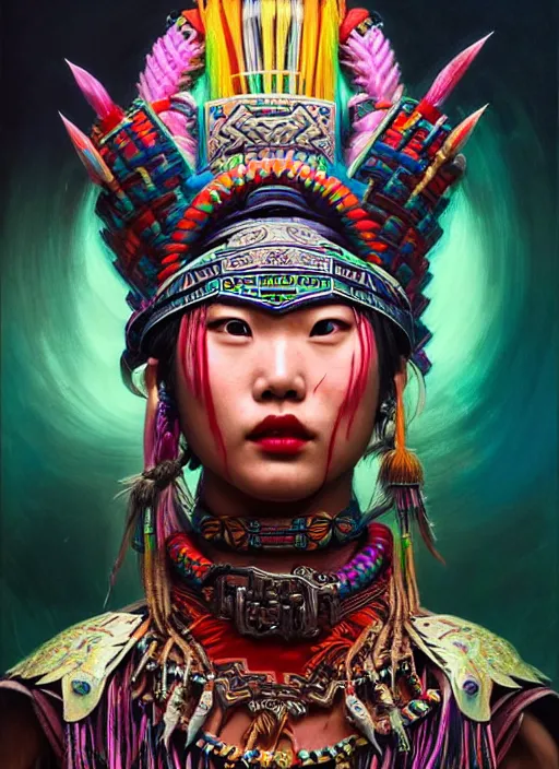 Prompt: portrait of liu yifei, hyper detailed ultra sharp aztec shaman warrior. trending on artstation, warpaint aesthetic, bloodwave, colorful, psychedelic, ornate, intricate, digital painting, concept art, smooth, sharp focus, illustration, art by artgerm and greg rutkowski and h. r. giger, 8 k