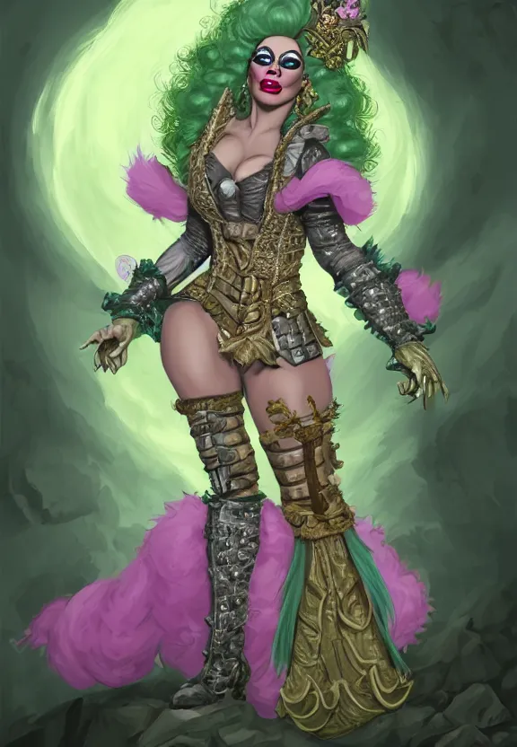 Prompt: d&d character artwork of a brawny orc drag queen who has green skin and is wearing a very girly prissy frilly rococo ballgown outfit and wearing a huge rococo powdered wig, rococo fashion, drag queen (male orc in drag), D&D, fantasy, highly detailed, digital painting, artstation, smooth, sharp focus, illustration, art by artgerm and greg rutkowski and alphonse mucha