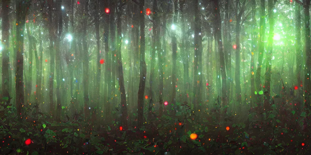 Prompt: A thick forest covered in tiny bright colorful specks of light covers the landscape, Trending on artstation.