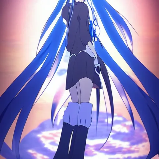 Image similar to rimuru tempest from that time i got reincarnated as a slime wearing a black trench coat, standing heroically beneath the sun, low - angle shot, art nouveau