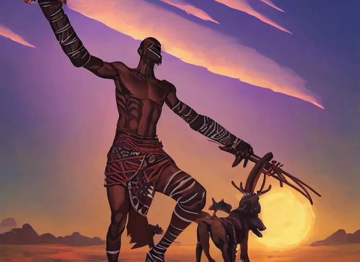 Image similar to masculine black warrior tribal afrikan voodoo armor, primitive weapons and kemetic imagery, 2 d game fanart behance hd by jesper ejsing, by rhads, makoto shinkai and lois van baarle, ilya kuvshinov, rossdraws, dramatic sunset, global illumination, radiant light, detailed and intricate environment