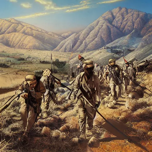 Image similar to a kurdish peshmerga kurdish mountains art by martin ansin, highly detailed, 8 k, high resolution, award winning art, incredibly intricate