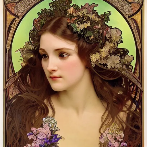 Prompt: realistic detailed face portrait of a beautiful young queen of orchids by Alphonse Mucha, Greg Hildebrandt, and Mark Brooks, gilded details, spirals, Neo-Gothic, gothic, Art Nouveau, ornate medieval religious icon