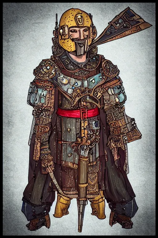 Image similar to beautiful calm bright ai generated fullbody character illustration of a medieval timetraveller highpriest in ornated wooden armor and decorated sacred outfit and heavily equipped with steampunk cyberwares. rendered by machine.delusions. inspired by: @machine.delusions on instagram. Slightly reminds to ghibli studios