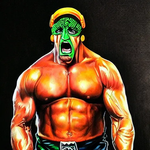 Image similar to wrestler hulk hogan, photorealistic, ring of fire, painted by simon bisley