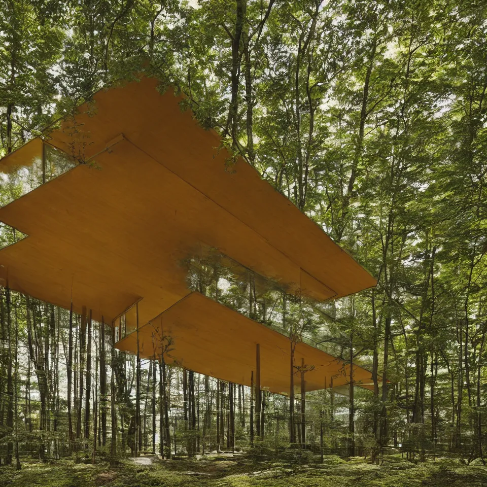 Prompt: architecture ad for a mid-century modern house in the middle of the forrest, designed by Kengo Kuma. Film grain, cinematic, yellow hue