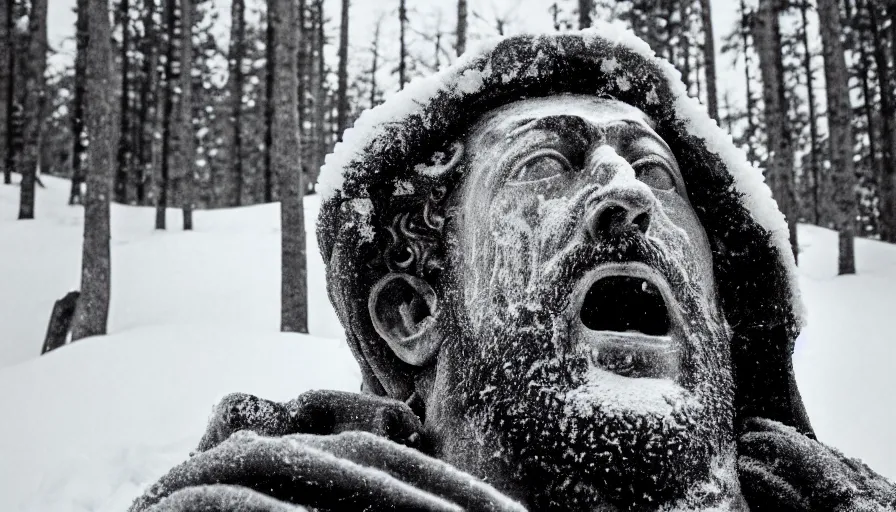 Image similar to 1 9 6 0 s movie still close up of marcus aurelius frozen to death in a dirty cape yelling in the snow, pine forests, cinestill 8 0 0 t 3 5 mm b & w, high quality, heavy grain, high detail, texture, dramatic light, anamorphic, hyperrealistic, detailed hair