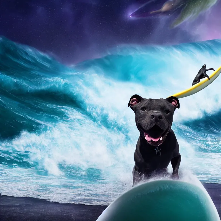 Image similar to photo of a dark gray coat pit bull with a white paws, surfing on a surfboard in a crashing wave of alien ocean in space, background is an alien galaxy, aliens in the background, alien colors, octane render, unreal engine, wide view, 8 k, high detaild