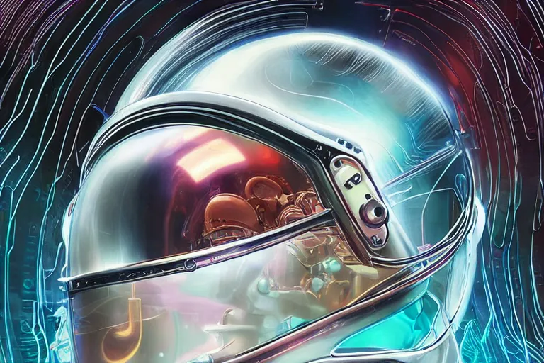 Prompt: portrait of a biomechanical head inside a futuristic space helmet, organic transistors, neon cables, tron highlights, white metal, iridescent visor, smooth, sharp focus, high detail, art by Artgerm and Raymond Swanland,