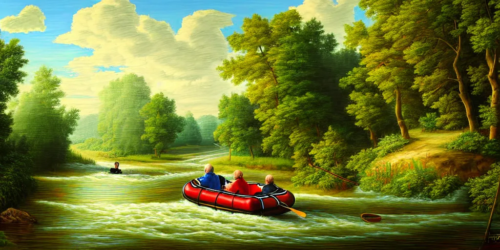 Image similar to A very detailed painting in the style of featuring a river in Europe surrounded by trees and fields. A rubber dinghy is slowly moving through the water. Sun is shining, photorealistic digital art