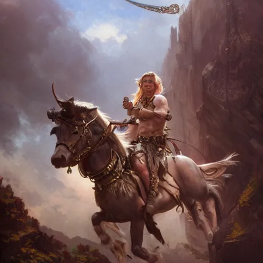 Image similar to an extremely detailed matte painting leroy jenkins as a terrifying valkyrie descending from valhalla on a pegasus, 8 k, sharp focus, detailed face, art by greg rutkowski and alphonse mucha