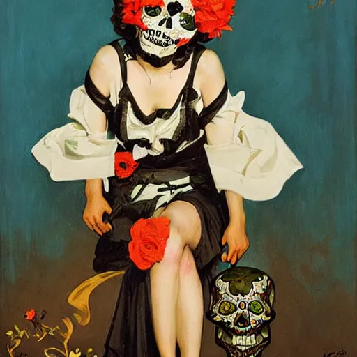 Image similar to Poster art of a cute Día de los Muertos girl by J. C. Leyendecker