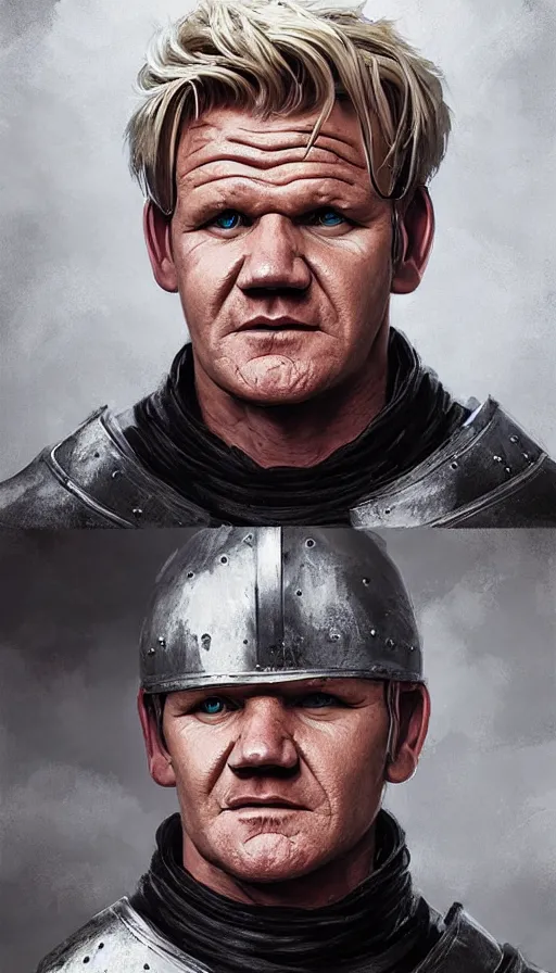 Prompt: Portrait of Gordon Ramsay as a medieval knight, male, detailed face, fantasy, highly detailed, cinematic lighting, digital art painting by greg rutkowski