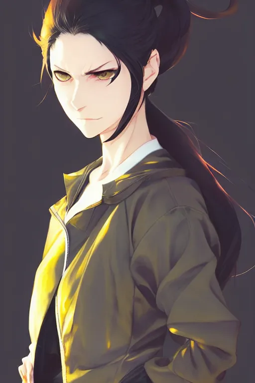 Image similar to black ponytail hair, pale woman in a black zipper jacket, yellow eyes, by artgerm, hair tied in a ponytail, white backdrop, soft lighting, fighting pose, dynamic angle, by greg rutkowski makoto shinkai takashi takeuchi