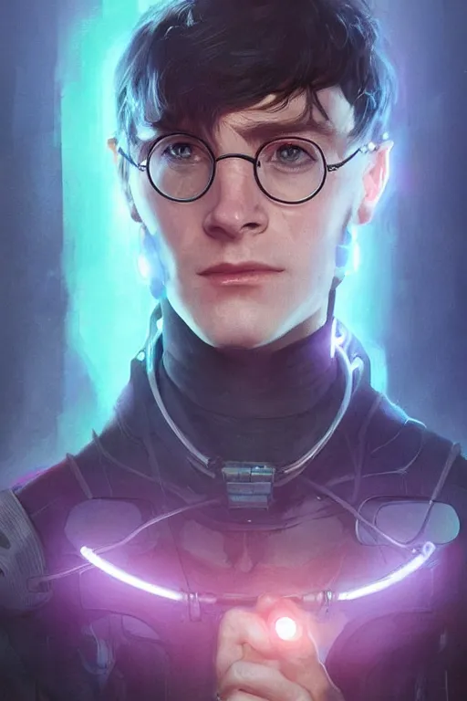 Image similar to Portrait of cyborg Harry Potter in cyberpunk, neon lighting, digital art from artstation by Ruan Jia and Mandy Jurgens and Artgerm and william-adolphe bouguereau and Greg Rutkowski and Wayne Barlowe