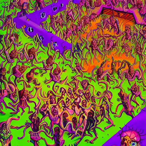 Image similar to digital painting of demons in rave party in hell by Chor Boogie, intricate details, ultra detailed, 4K, award-winning, touch of M. C. Escher