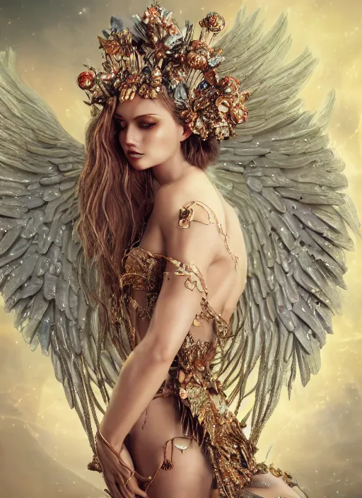 Image similar to expressive full body photo of a female model as beautiful angel, ornate headpiece made from flowers, ornaments, glamour shot, by karol bak, by stefan gesell, octane render, unreal engine, photorealistic, canon r 3, fashion photography, studio shot, realistic skin tone