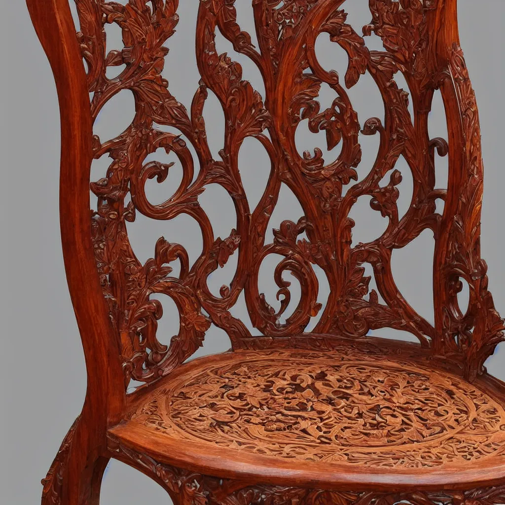 Image similar to a 3 d wooden mahogany art nouveau carved sculptural chair with a delicate multi - layer tracery pattern, intricate and highly detailed, well - lit, ornate, realistic, polished with visible wood grain