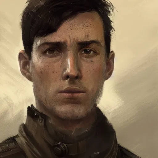 Prompt: portrait of a man by greg rutkowski, british features, short black hair in military style, perfect military composure, wearing an starfighter pilot uniform of the galactic republic, star wars expanded universe, he is about 2 0 years old, highly detailed portrait, digital painting, artstation, concept art, smooth, sharp foccus ilustration, artstation hq