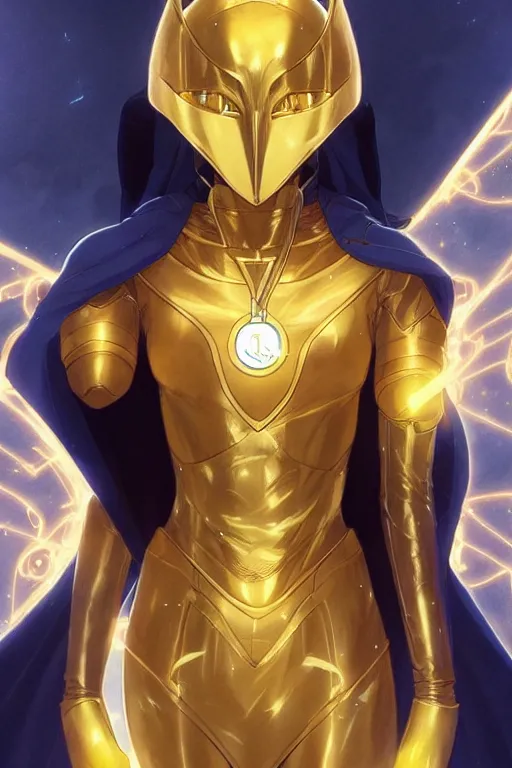 Image similar to anime key visual of a beautiful young female doctor fate!! intricate, gold and blue suit, cape, glowing, powers, dc comics, cinematic, stunning, highly detailed, digital painting, artstation, smooth, hard focus, illustration, art by artgerm and greg rutkowski and alphonse mucha