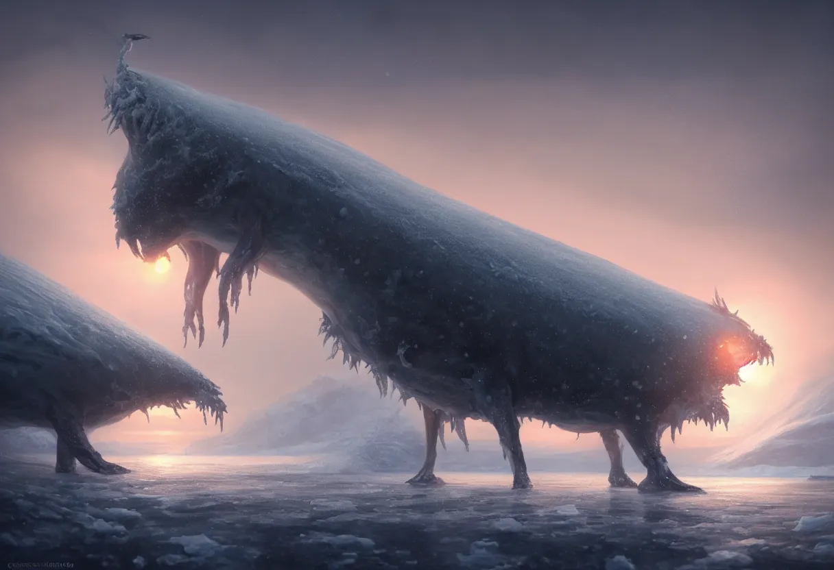 Image similar to strange sea animal emerging from surface of another frozen winter planet at sunset, ultra high definition, ultra detailed, symmetry, fog, matte painting, by greg rutkowski and ross tran and wlop