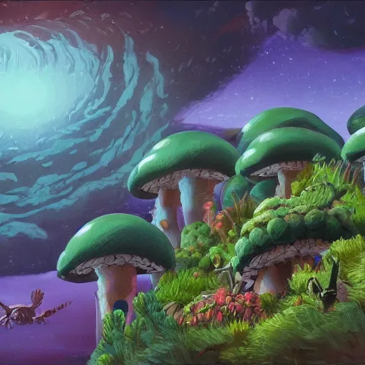 Prompt: a beautiful alien planet with plants and animals. Oil painting in the style of Miyazaki.