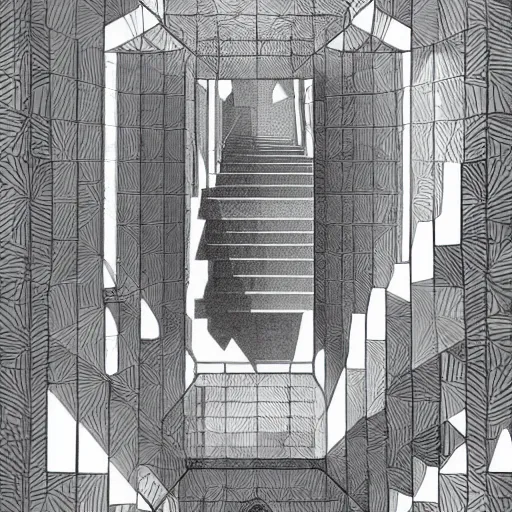 Prompt: crystal stairways beyond possibility of imagining, inhabited on many levels by Maurits Cornelis Escher, shining light, clear geometry, architecture, Award winning. Masterpiece, detailed illustration