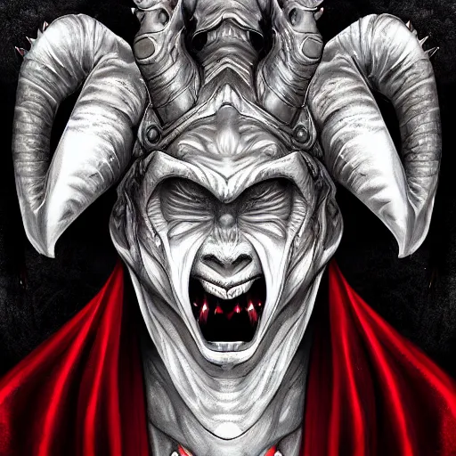 Prompt: demonic emperorin red robe with giant horns creepy smiling. trending on artstation, digital art, extremely detailed, comicpanel, monochromatic.